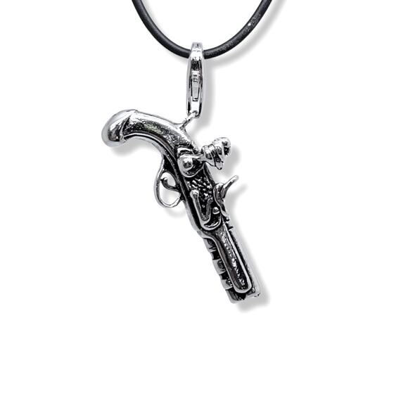 Antiqued Rhodium Plated 925 Sterling Silver Old Timey Pirate Gun Charm - Picture 3 of 7